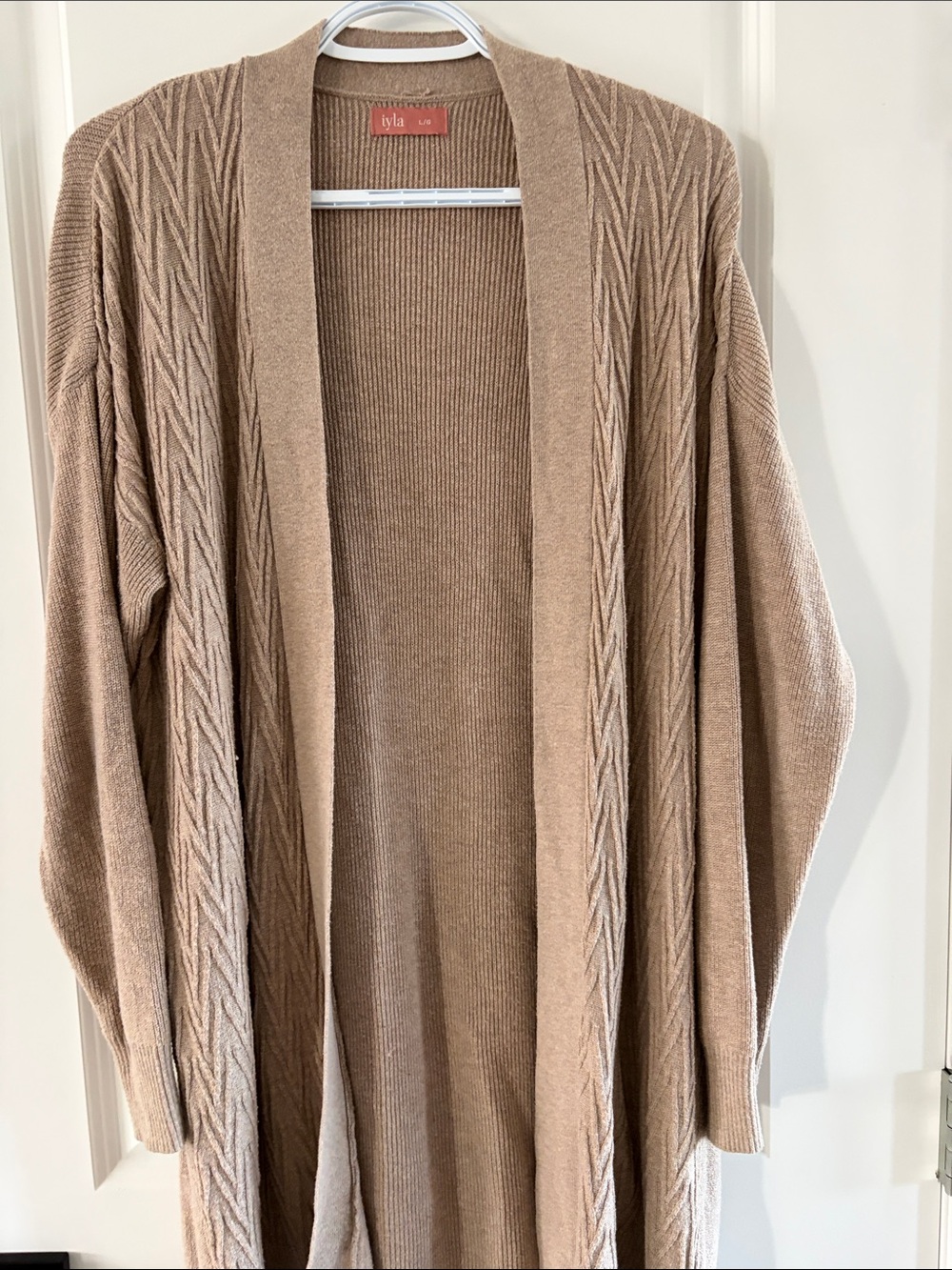 Women's Long Open-Front Cardigan Sweater in Camel/Tan